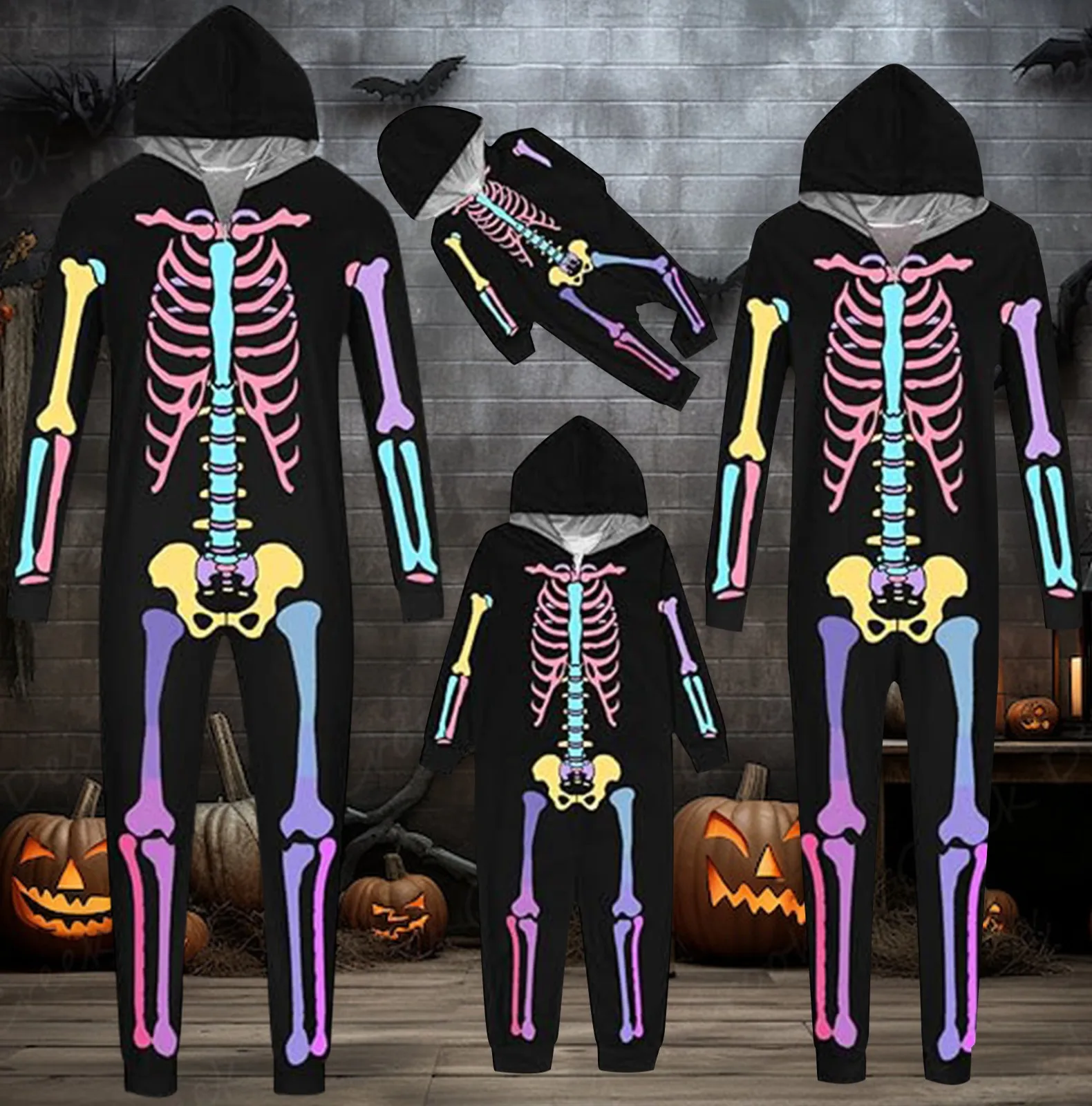 New Halloween Family Clothing Parent-Child Matching Pajamas 3D Skeleton Print Cosplay Jumpsuit Zipper Hooded Party Look Costumes