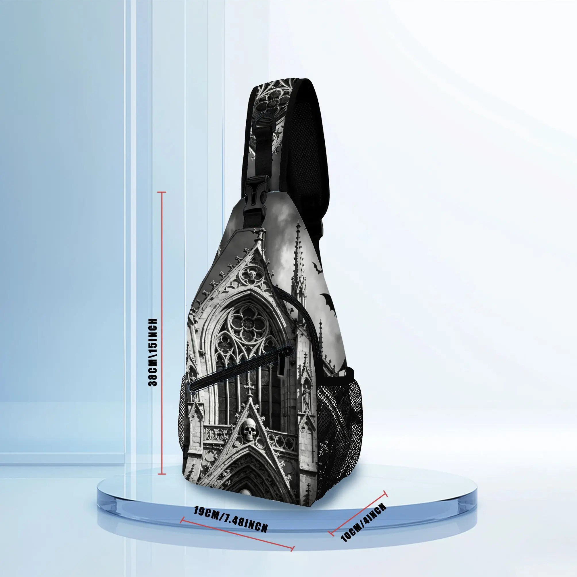 1pc Vintage Black White Gothic Cathedral Skull Print Sling Chest Bag, Adjustable Strap Crossbody Backpack for Punk Goth Streetwe view 4