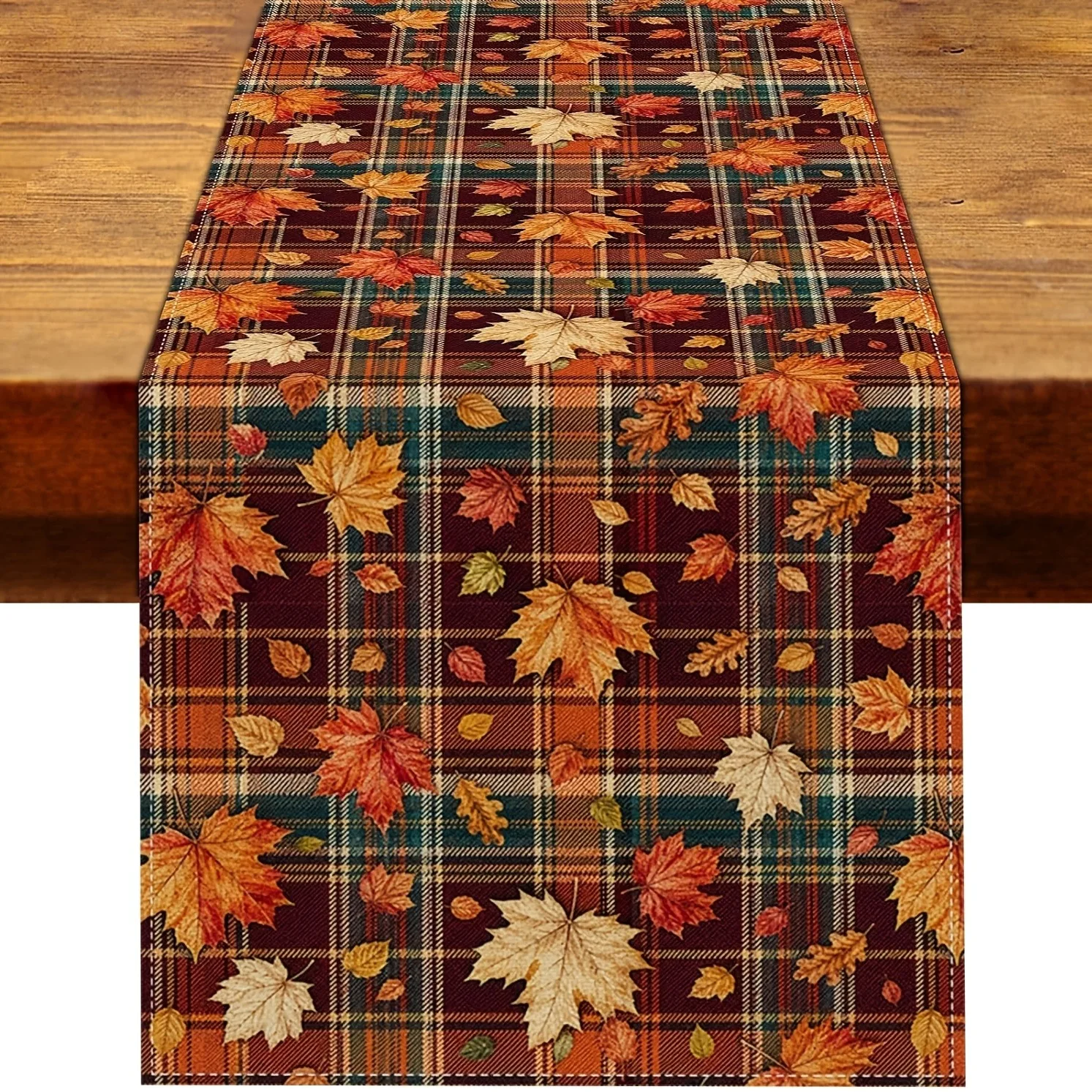 Fall Plaid Maple Leaf Table Runner Autumn Harvest Checkered Maple Leaves Decorative Table Runner For Thanksgiving Dining Kitchen
