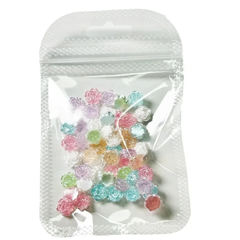 50pcs Camellia Nail Charms Mix Flower Shiny Pearl 3D 6/8mm Rose Flat Back 3D Nail Art Rhinestone Nails Decorations DIY Accessory