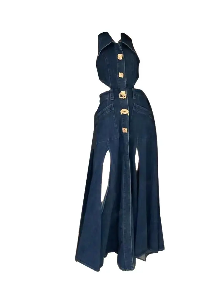 Retro risvolto scavato anni '90 Hot Girl Y2K Fashion Waist Slim Side High Split temperamento Jeans abito senza maniche