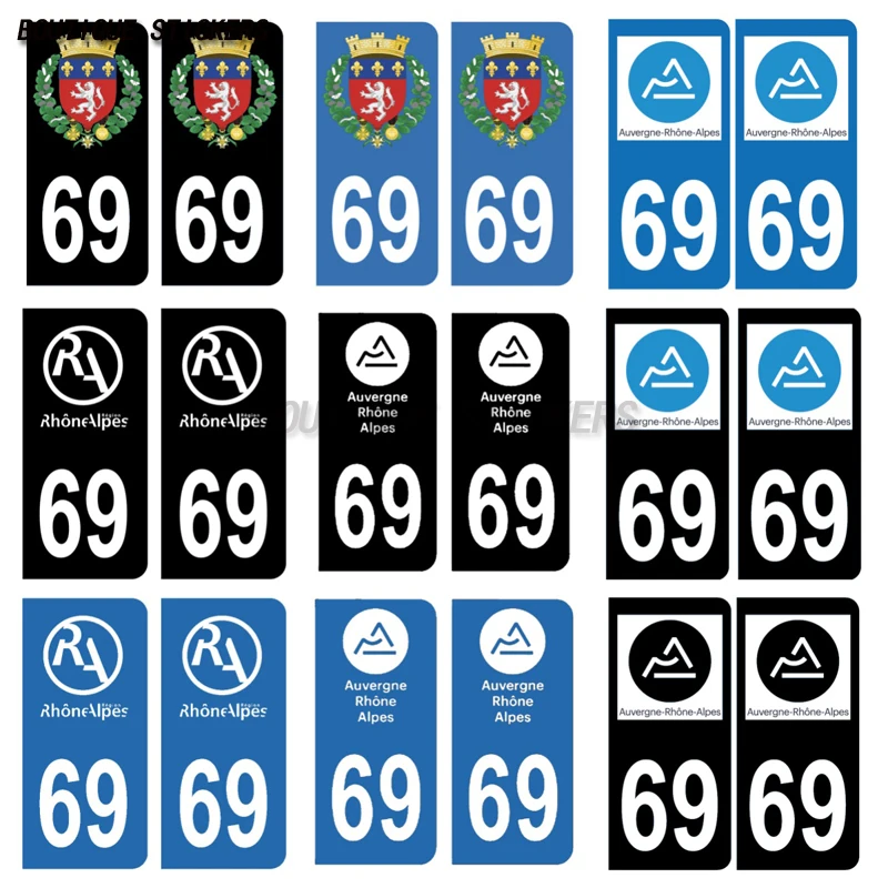 

2Pcs Autocollant plaque d'immatriculation française noir bleu 69 blason Lyon Auvergne Rhône Alpes Bis Stickers PVC imperméables