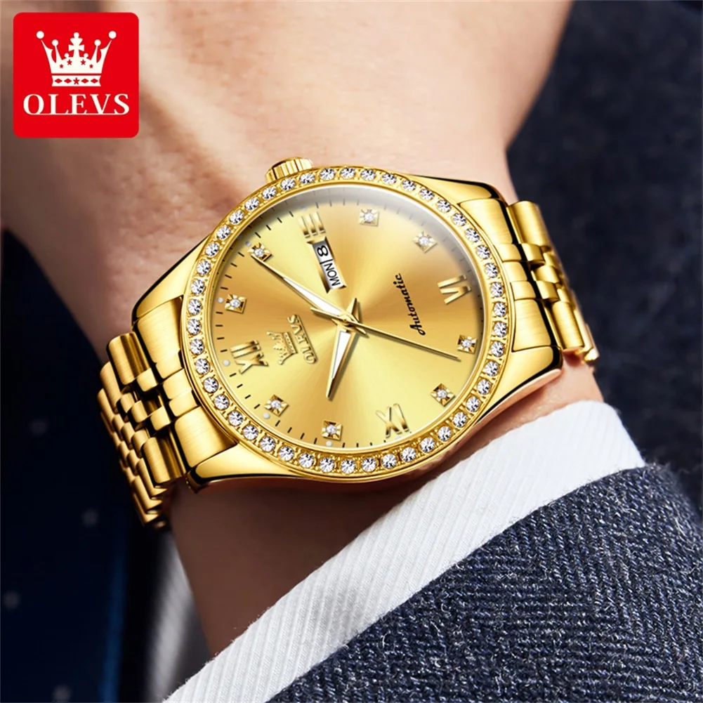 OLEVS 7012 Top Original Mechanical Watch for Men Luxury Diamond Lap Dual Calendar Classic Bussiness Men\'s Automatic Wristwatches