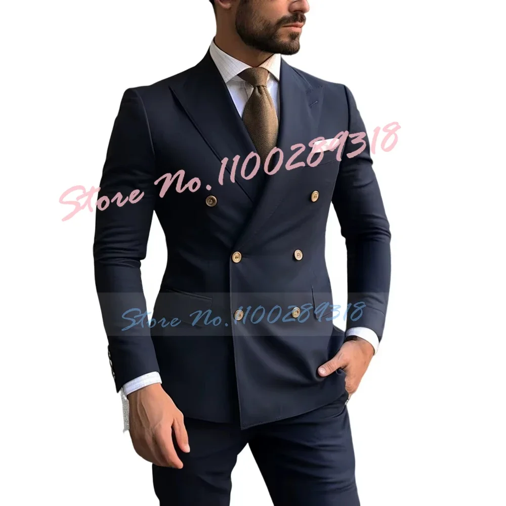 

Handsome Navy Blue Men Wedding Suits 2 Pieces Coat and Pant Slim Bridegroom Jacket Custom Made Party Groom Tuxedos Costume Homme