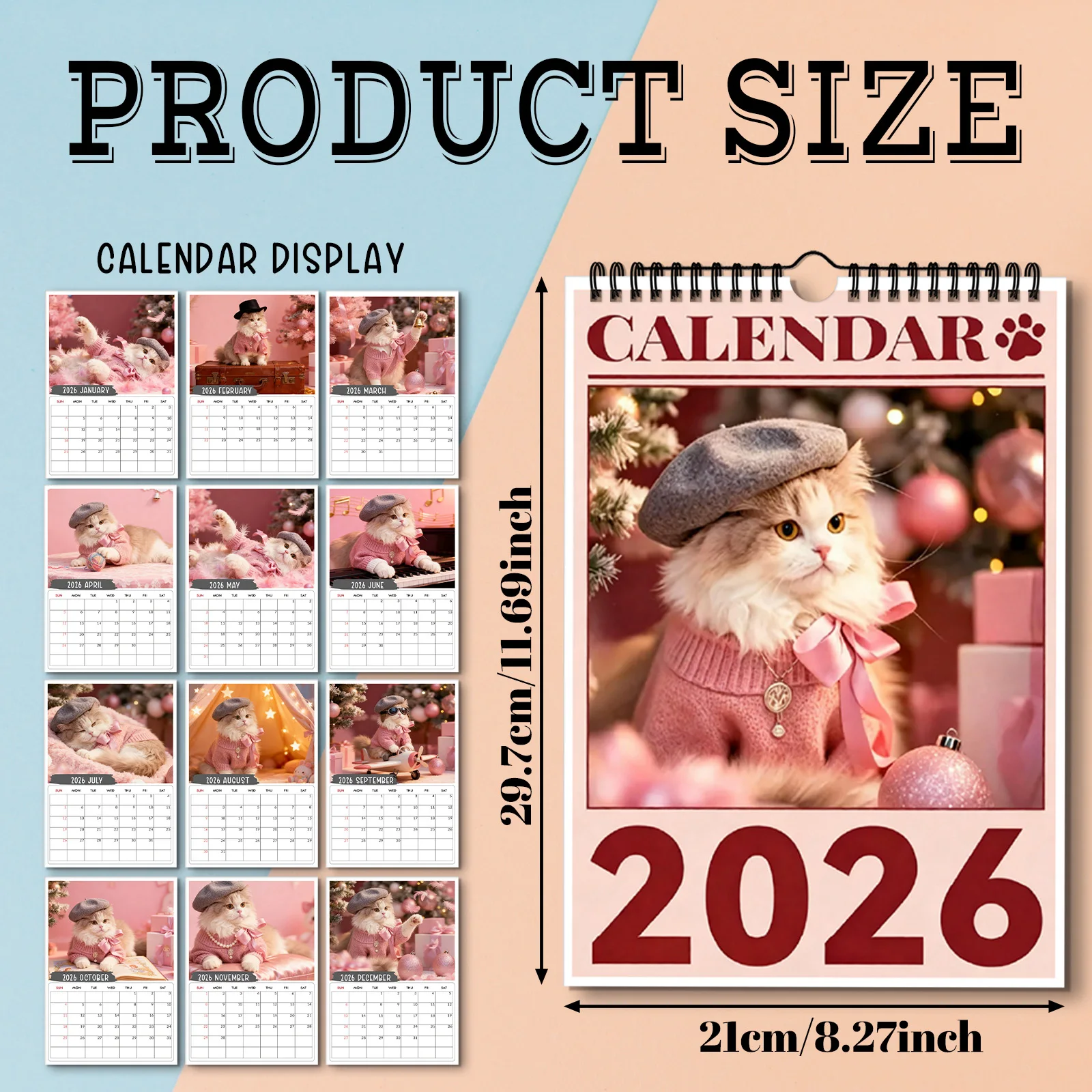 ปฏิทินติดผนัง 1 ชิ้น ปี 2026 ธีมแมวน่ารักแบบแอนโทรพอร์มอร์ฟิก เหมาะสำหรับตกแต่งบ้านและสำนักงาน ของขวัญวันเกิดและปีใหม่ที่สมบูรณ์แบบ
