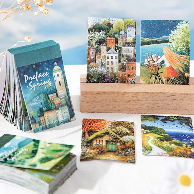 Mr.Paper - Bloc de Notas con Ilustraciones de Paisajes Primaverales, Serie Preludio a la Primavera, 50 Piezas, para Manualidades, Decoración de Álbumes de Recortes y Collages