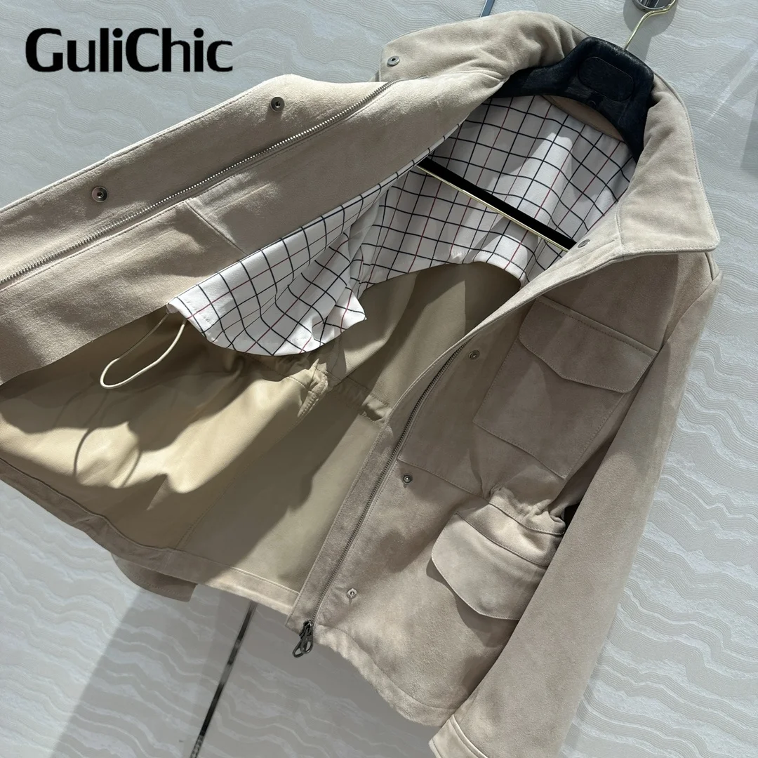 8.20 GuliChic High Quality Fashion Casual Traveller Outerwear Women Drawstring Collect Waist Temperament Genuine Leather Jacket