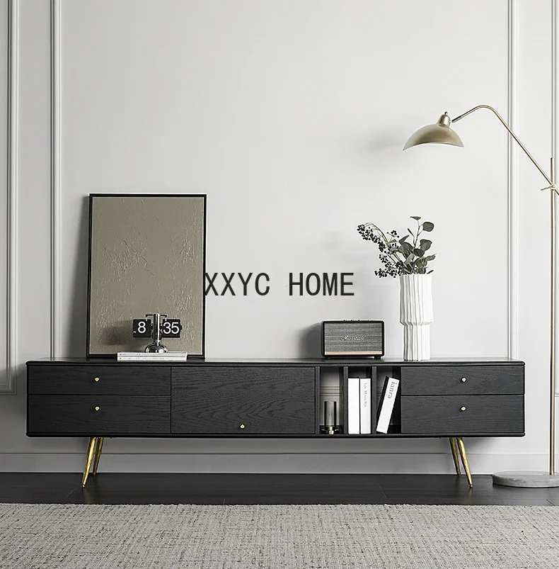 

Nordic Solid Wood TV Cabinet Living Room Antique Style TV Stand Black Floor Cabinet Tea Table Combination
