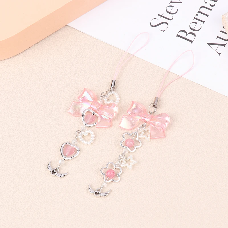 Sweet Pink Bowknot Heart Phone Chains For Girl Cute Flower Star Phone Strap Y2k Mobile Phone Lanyards Keychain