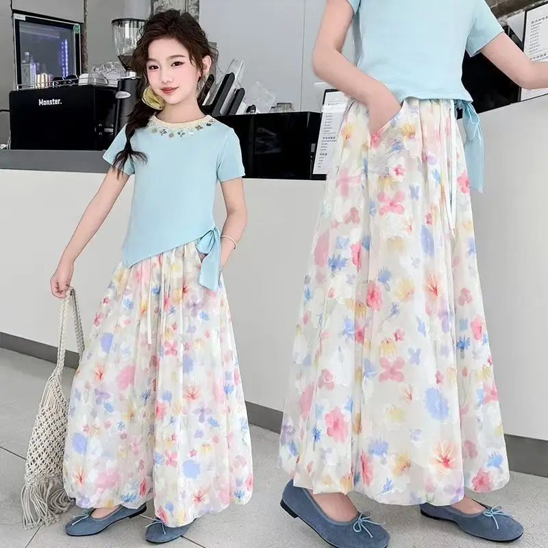 Kids Girls Loose Wide Leg Pants Floral Printed Yarn Skirt Pants 2025 New Arrival Summer Cute Puffy Bud Pants Thin Casual Clothes