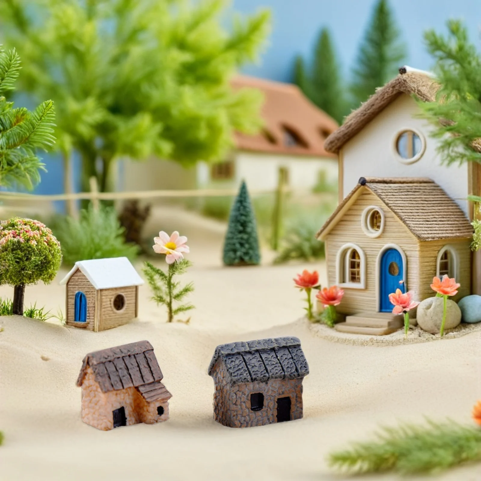 

16Pcs Miniature Resin Thatched Single Door Cottage Micro Landscape Fairy Garden Desktop Village Ornament