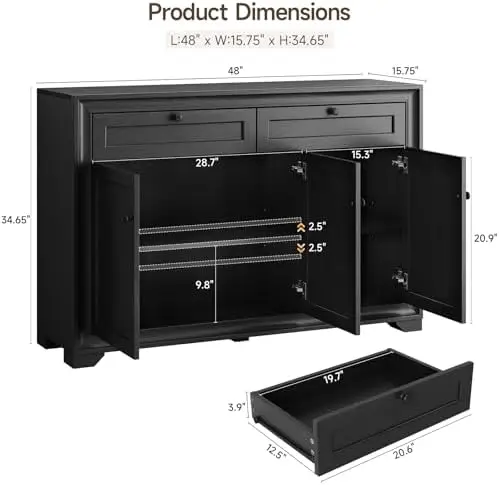 48 Inches Sideboard Buffet Cabinet with Storage, Farmhouse Sideboard with 2 Drawers and 3 Doors, Wood Coffee Bar