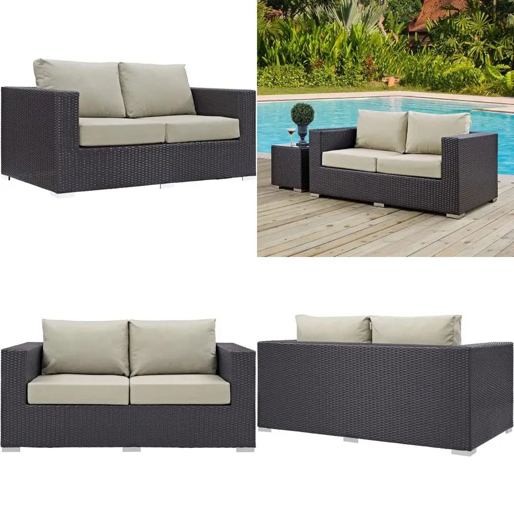 

Wicker Rattan Outdoor Patio Loveseat with Beige Cushions