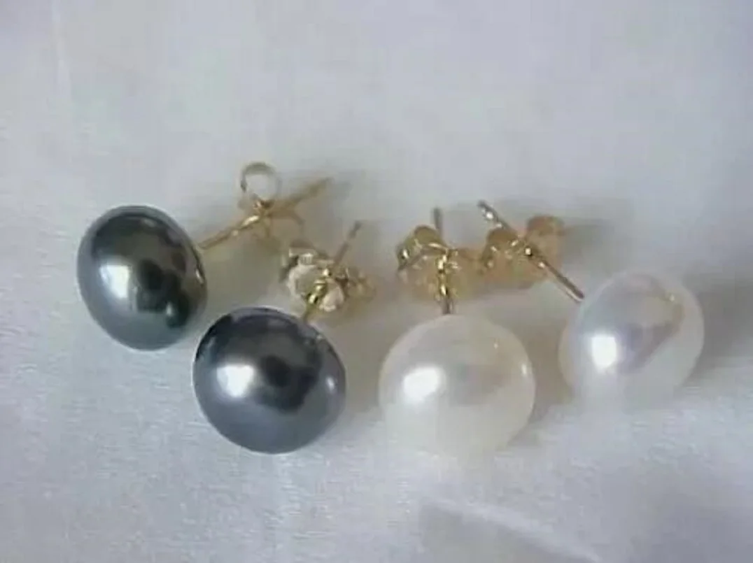 Hot Sale AAA 9-10 mm South Seas 1 White 1 Black Natural Pearl Earrings with 14k