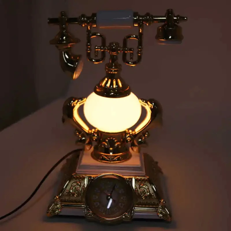 Vintage Telephone Model Table Lamp Alarm Clock Function Easy Assembly Decorative Phone Model for Home Cafe EU Plug 220V