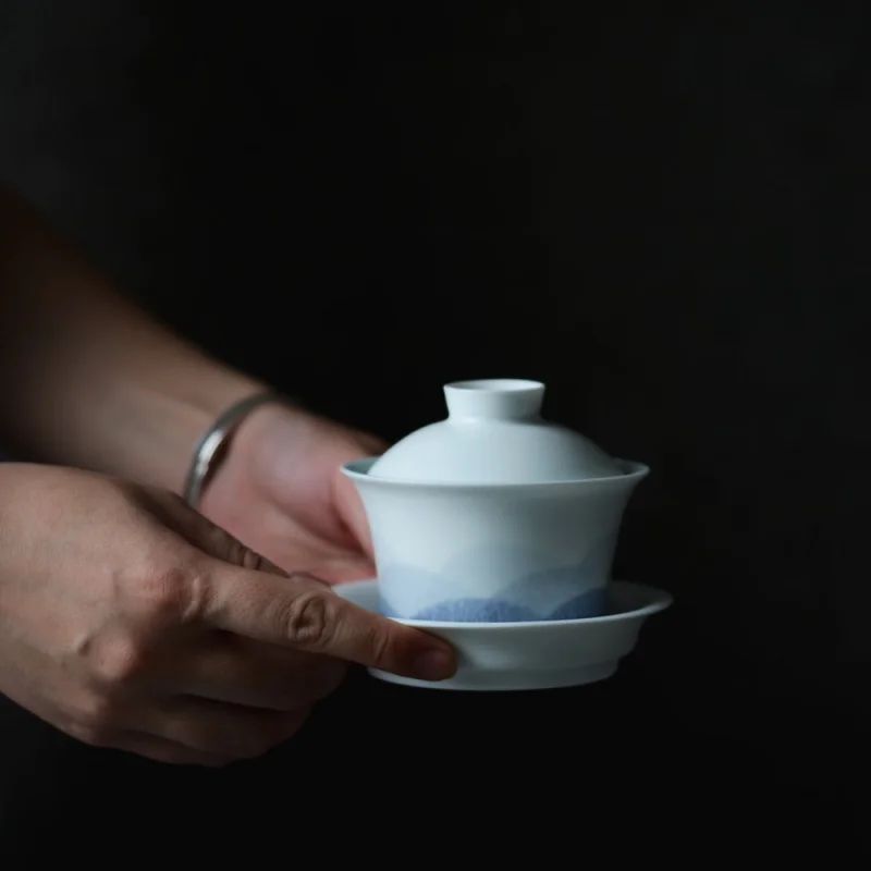 Jingdezhen Yuanshan Series Owner Gaiwan Single Lidded Bowl Tea Set Chinese Hand-Painted Ink Painting Style Five-Color Underglaze
