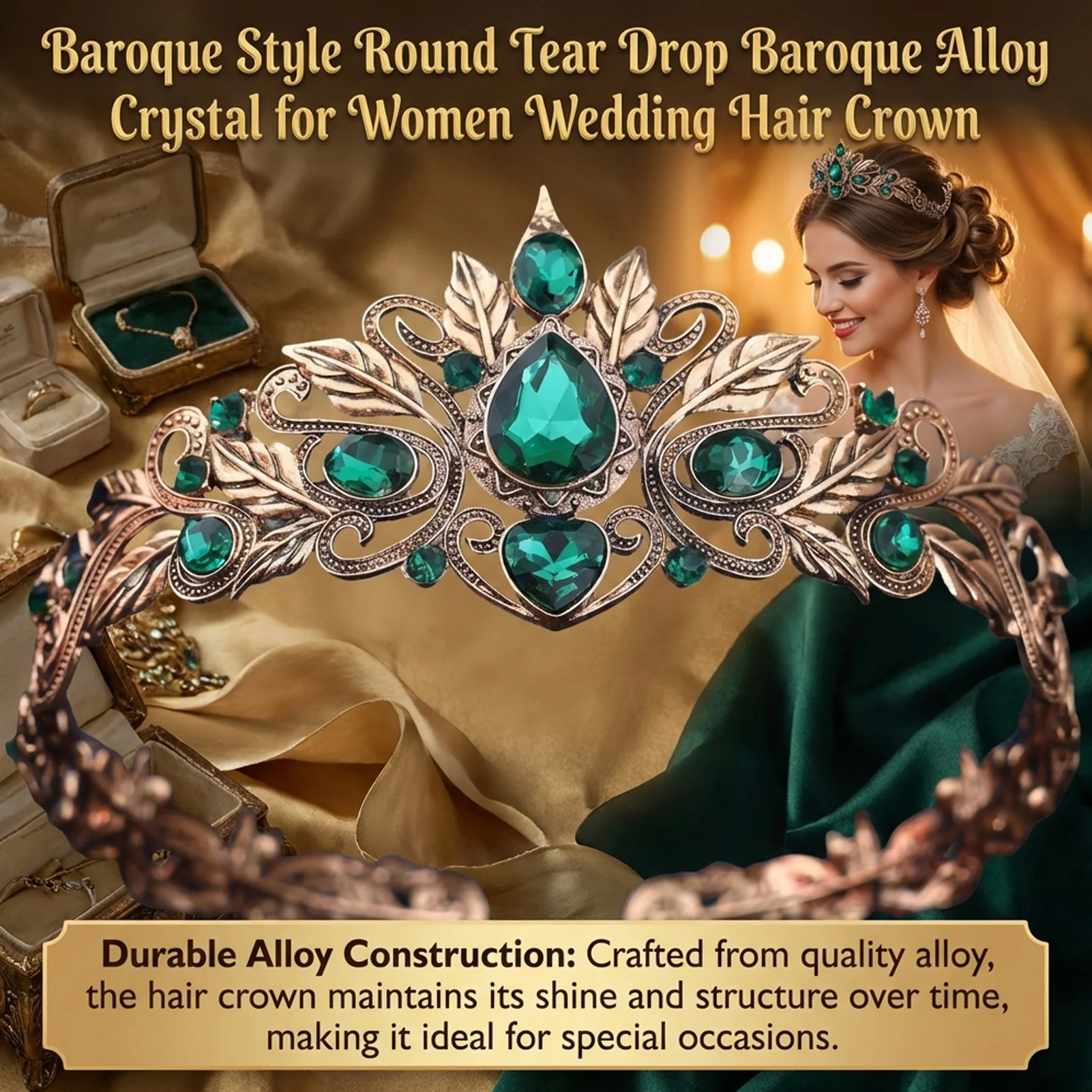 Baroque Style Round Tear Drop Hair Crown with Crystal Rhinestone for Weddings Parties Photoshoots Alloy Hair Accessory for Bride view 4