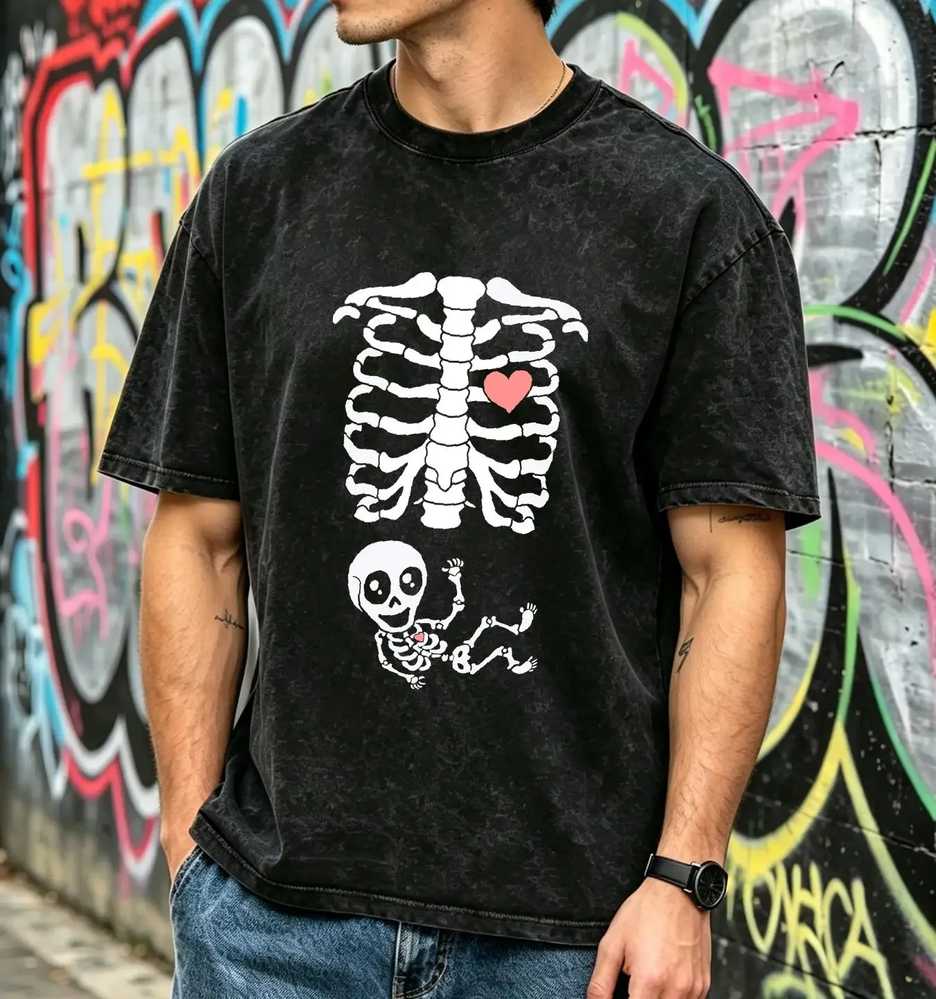 washed T Shirt Halloween Maternity Skeleton Ribcage Baby Pregnancy Costume top vintage Washed Casual Versatile Soft homme