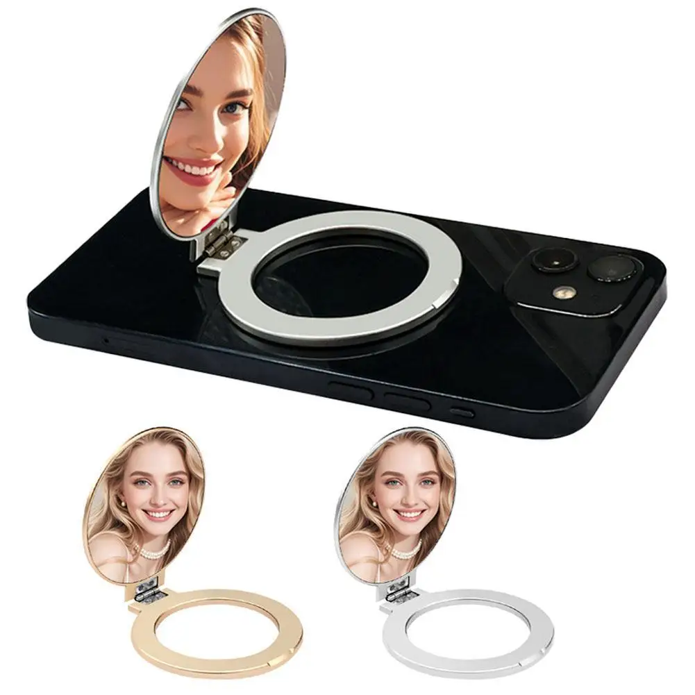 Universal Magnetic Cell Phone Stand with Makeup Mirror Aluminum Alloy Magnet Travel Portable Folding Phone Mount For Cell Phone