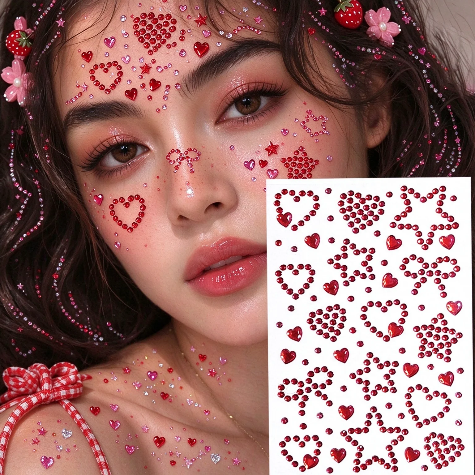 Red Heart & Star Rhinestone Face Gems Stickers Festival Makeup Crystal Diamond Tattoo Stickers for Party Body Makeup Decorations