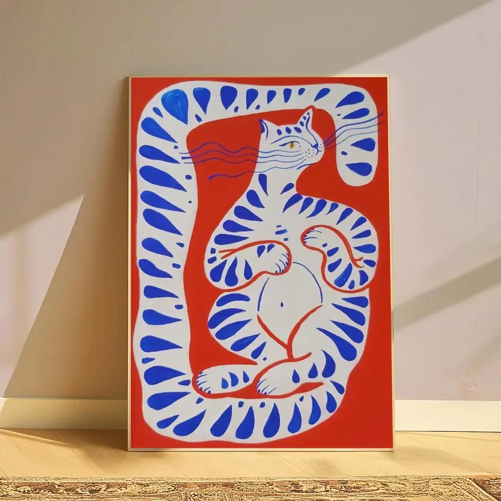 Abstract Blue Striped Cat HD Wall Art Poster Red Background Botanical Plant Nature Farmhouse Home Decor Cat Lover Gift