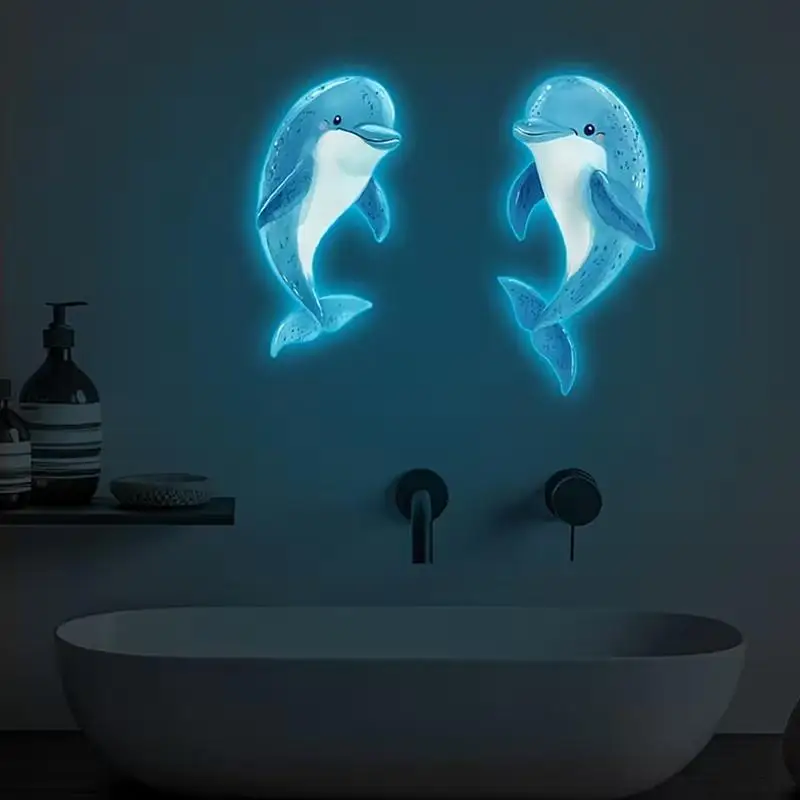 Glow-in-the-Dark Blue Dolphin Toilet Sticker Wall Glass Sticker Bathroom Decal Removable Self-Adhesive Home Decor Car Sticker