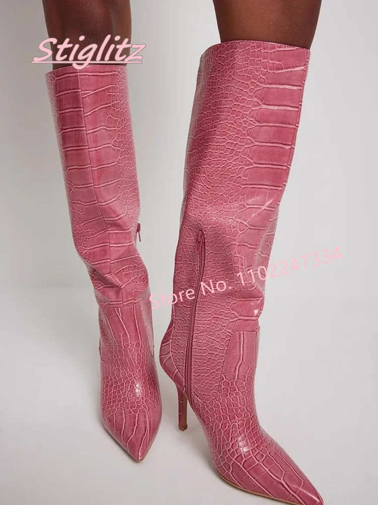 

Pink Stiletto Shaft Knee High Boots Women's New Arrival Winter Solid Pointed Toe Side Zipper Party Shoes For footwear