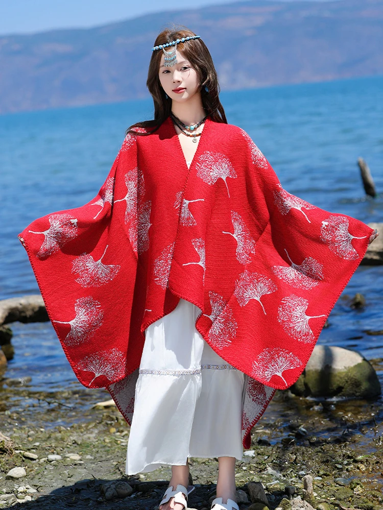 

Зимний женский шарф, многослойное пончо, элегантная женская шаль с принтом, повседневный теплый шарф, плащ из пашмины, новое Рождество