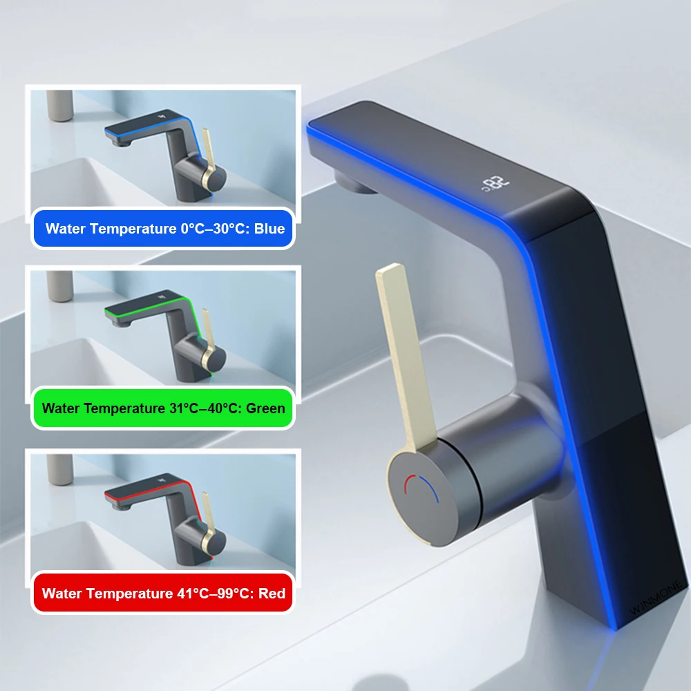 

Luxury LED Digital Display Basin Faucets Vanity Smart Bathroom Tap Deck Mounted Brass Mixer Bathroom Sink Faucet Washbasin Taps