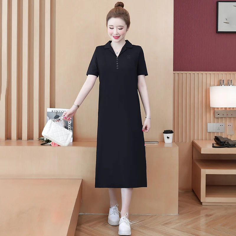 Women Cotton T-shirt Dresses Summer Female Suit Collar Short Sleeve Large Size Elegant Black Burgundy Embroidery Loose Vestidos