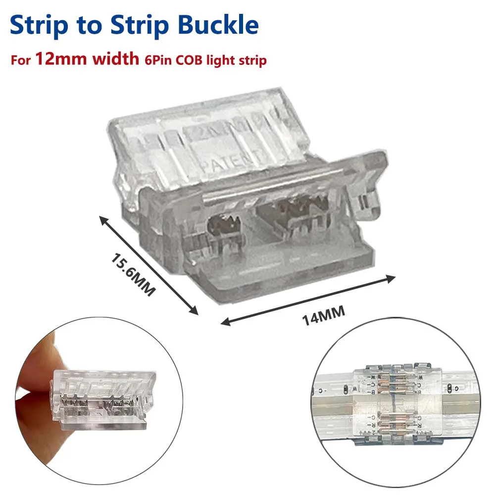 5PCS 6Pin COB RGBCCT LED Strip Connector 12MM Solderless Strip to Wire/Strip Transparent Mini Buckle Punctured Extended Cord