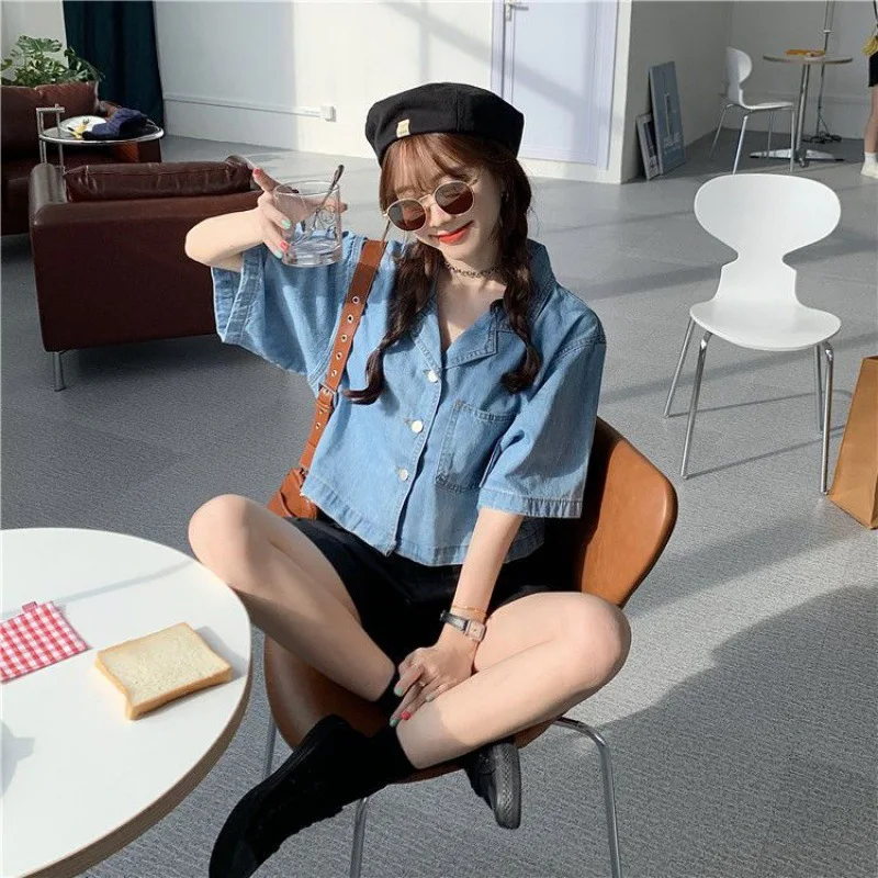 S-4XL Short Sleeve Denim Blouse Summer Women Notched Collar Loose Casual Short Shirt Versatile Female Solid Tops