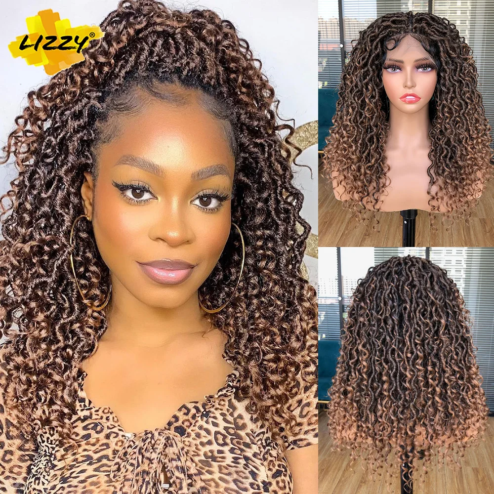 Black Faux Locs Braided Wigs Synthetic Full Double Lace Braided Braid Wig Curly Wavy Wigs for Black Women with Baby Hair