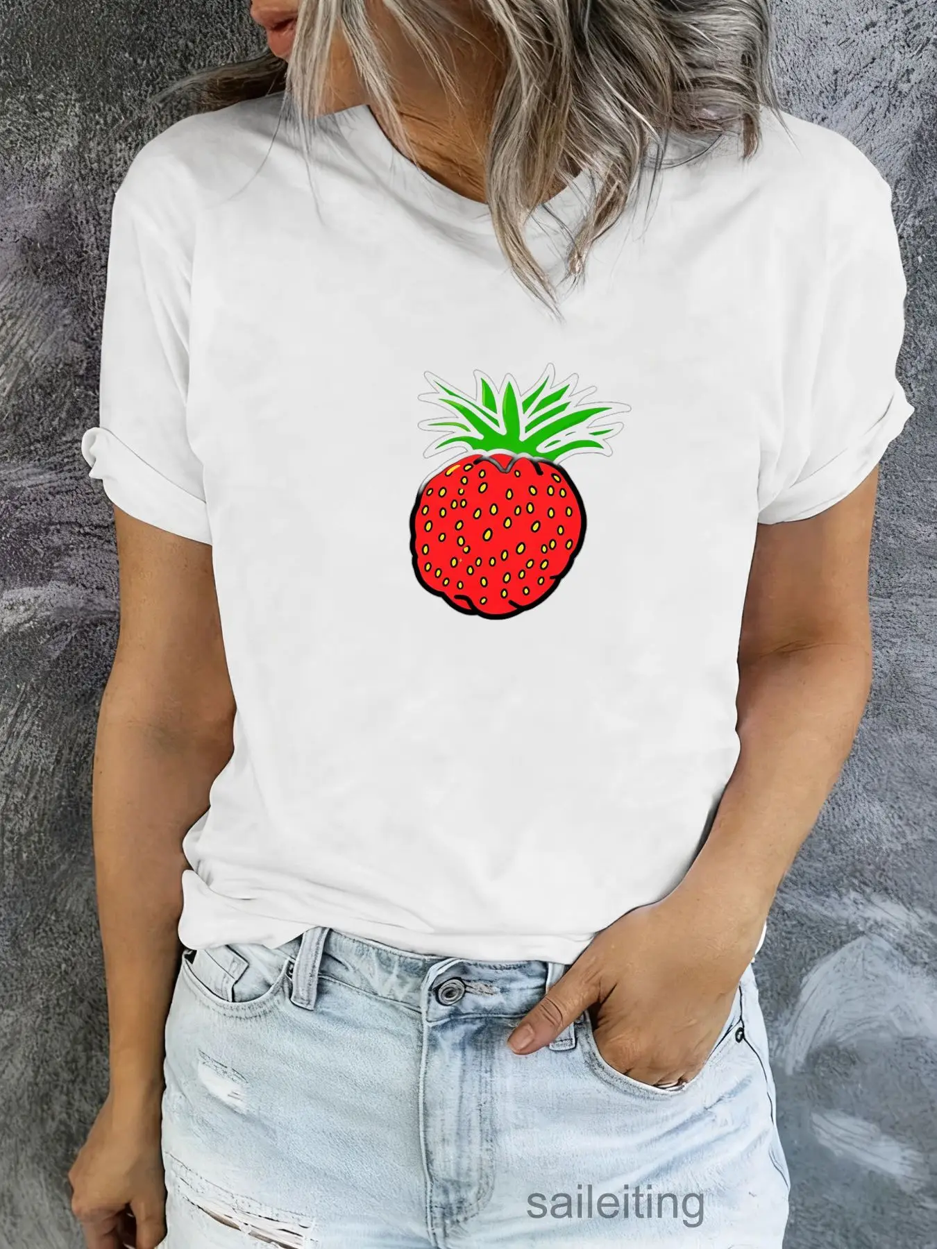 Whimsical Strawberry Pineapple Hybrid Fruit Print T-Shirt for Women Men - Casual Short Sleeve Summer Tee, Tropical Graphic To