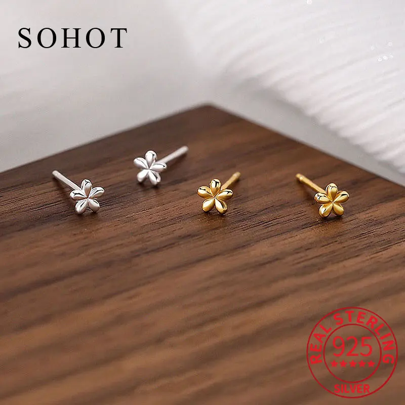 

Fashion Real 925 Sterling Silver 18K Gold Flower Stud Earrings For Fashion Women Party Cute Fine Jewelry Minimalist Accessories