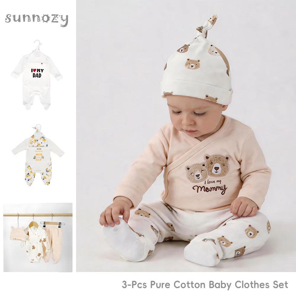 Conjunto de 3 piezas de algodón para bebé de 0 a 9 meses: pelele de manga larga con borde abierto, pantalones y gorro, para las cuatro estaciones