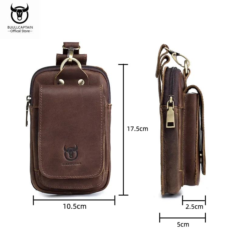 BULLCAPTAIN-riñonera de cuero genuino para hombre, bolso de cintura informal Retro de 6,7 pulgadas para teléfono móvil, multifuncional de doble capa