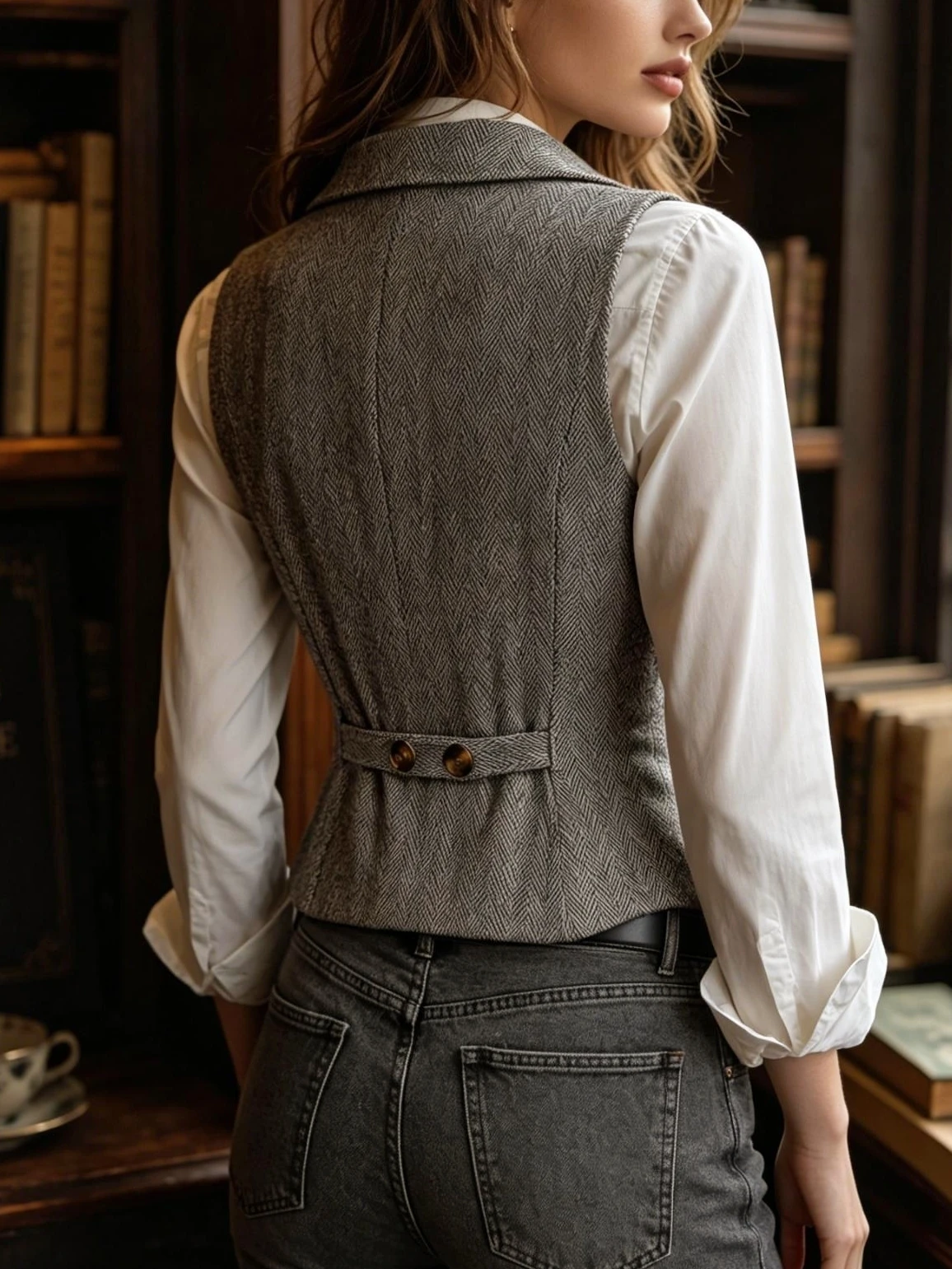 Old Money Grey Herringbone Tweed Waistcoat for Women Notch Lapel Amber Button Slim Sleeveless Vest Retro College Office