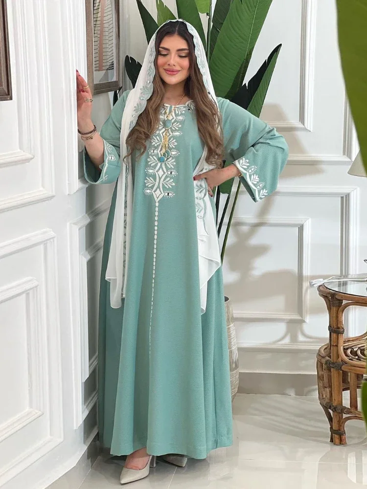 Eid Ramadan muślinowa sukienka imprezowa z czystym szalikiem kobiety Abaya Abayas Dubai Islam wieczorowa sukienka Kaftan szata Longue Vestidos Largos