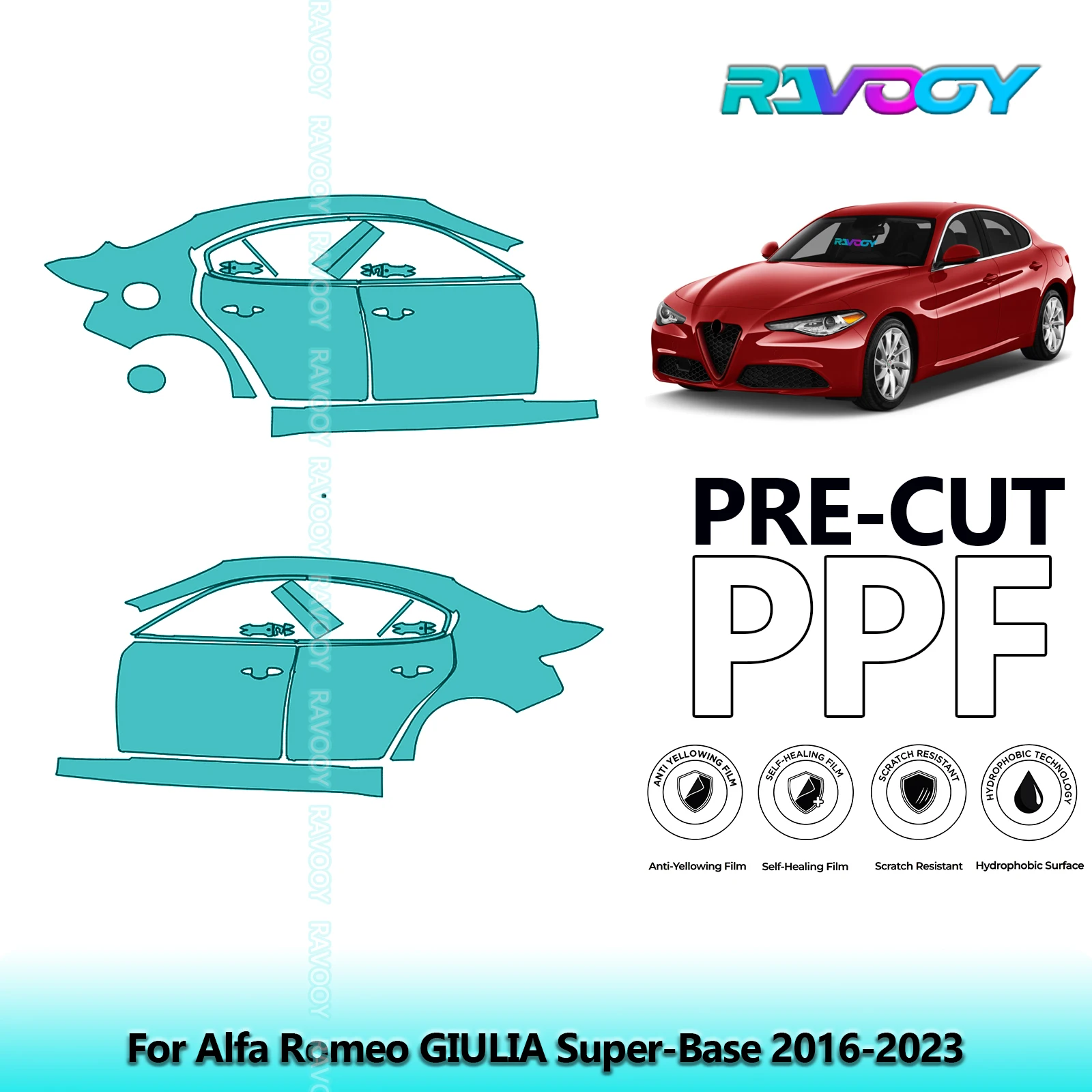 

For Alfa Romeo GIULIA Super-Base 2016-2023 8.5mil Clear Matte Pre-Cut PPF Door & A/B Pillar Kit TPU Paint Protection Film Set