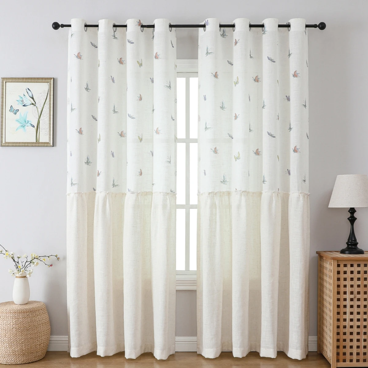 1PC French vintage linen style colorful butterfly print skirt curtain for living room creamy window sill cotton and linen gentle