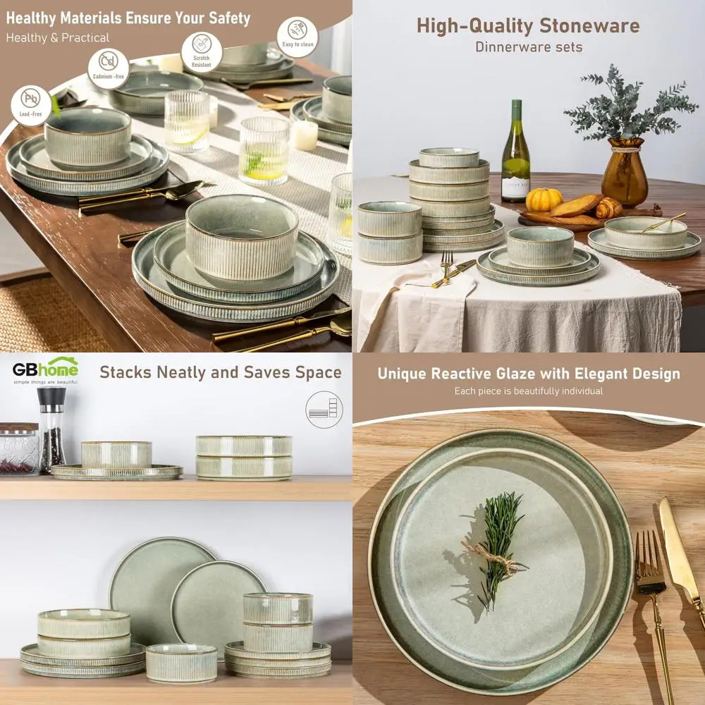 

4-Piece Stoneware Dinnerware Set: Round Reactive Glazed Ceramic Plates & Bowls, Scratch-Resistant, Dishwasher and Microwave Safe
