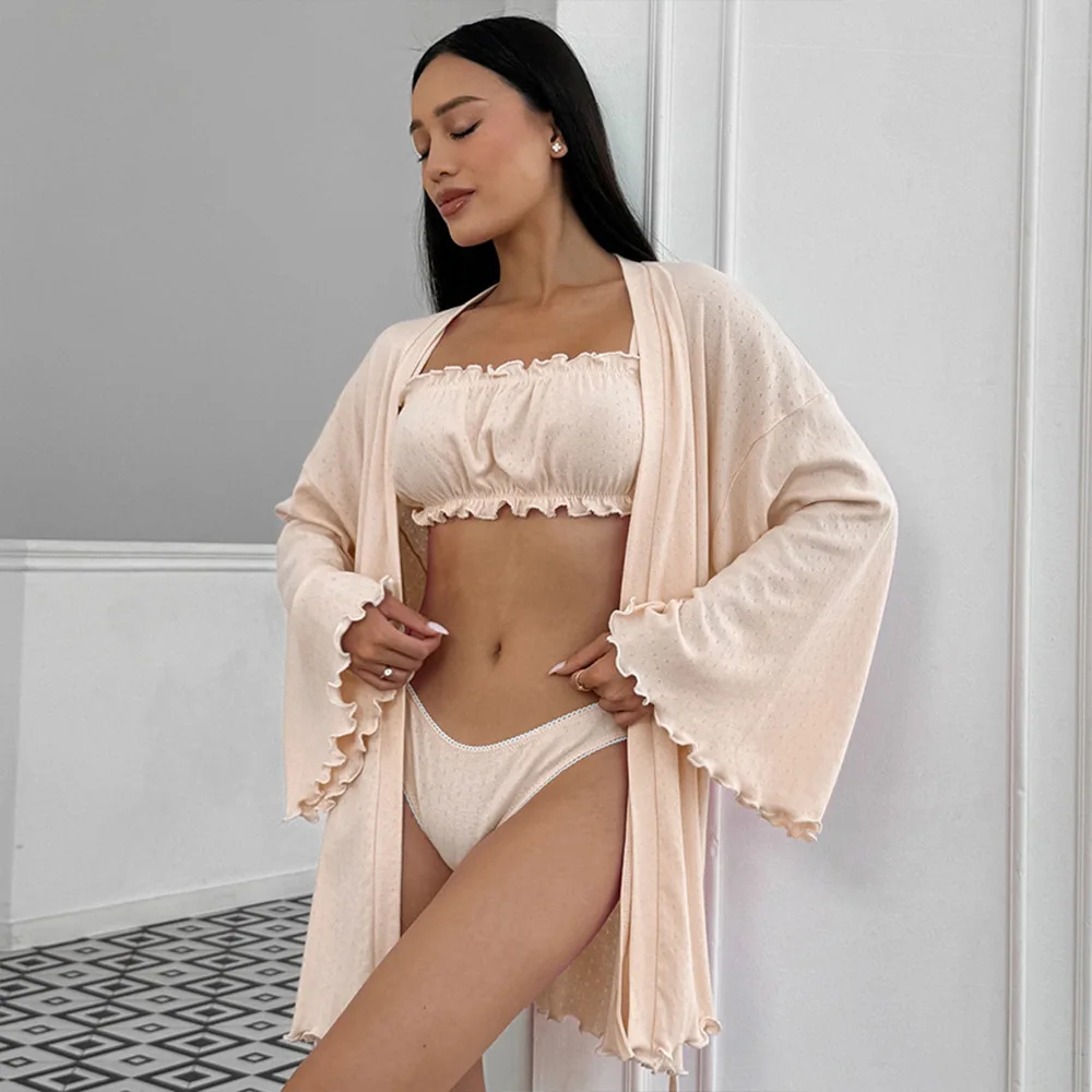 Sexy long robe underwear and shorts three-piece knitted pajama set for ladies' home wear