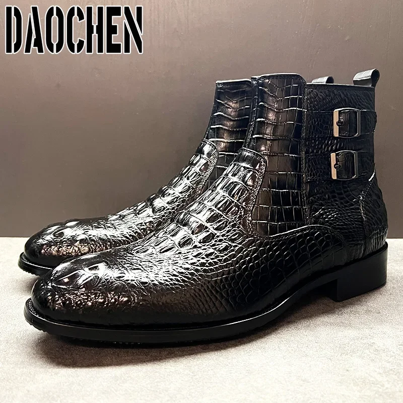 Luxury Men Ankle Boots Shoes Black Brown Crocodile Printed Zipper Chelsea Double Buckle Genuine Leather Dress Men Boots