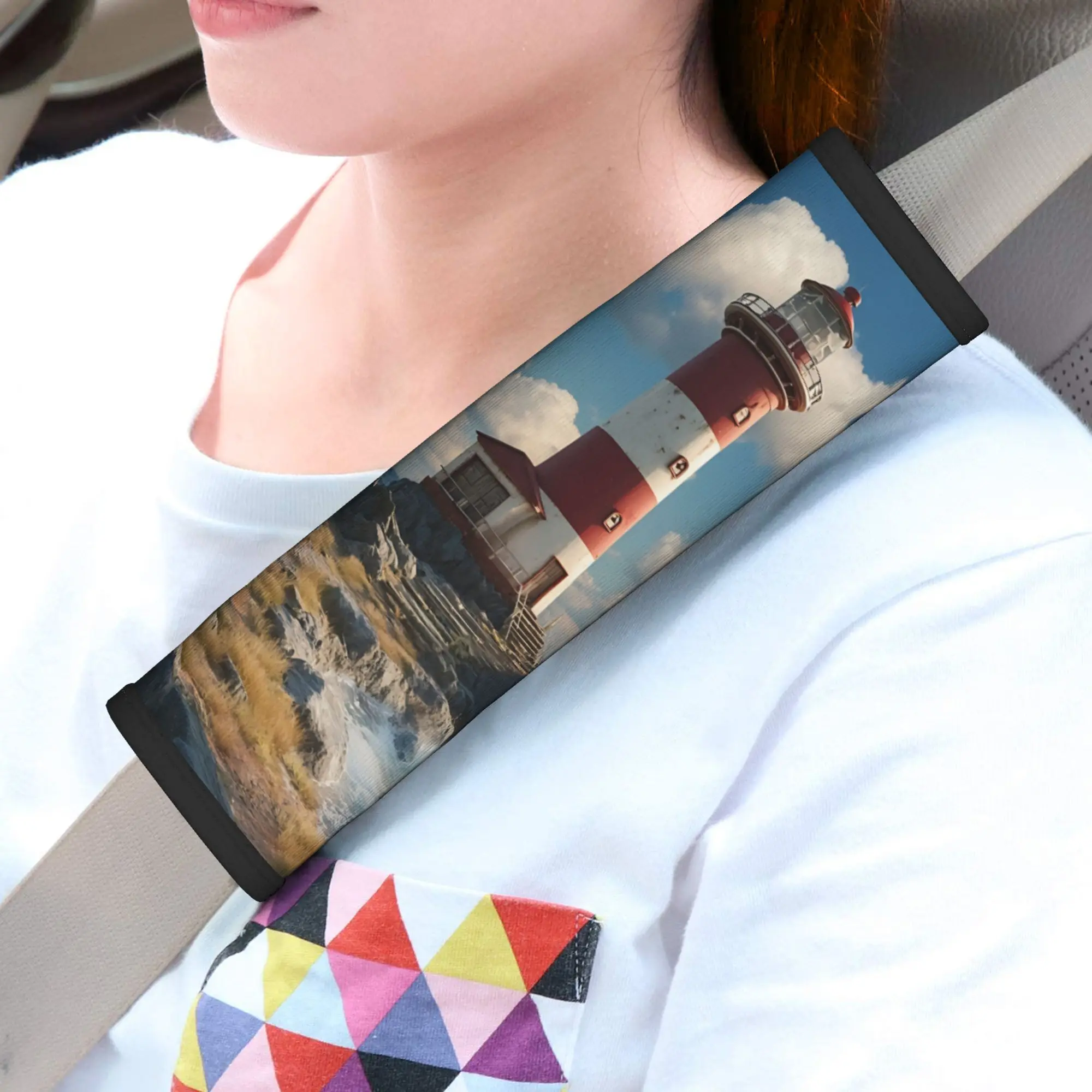 1pc Coastal Red And White Striped Lighthouse Standing On Rugged Rocks With Crashing Ocean Waves Under Bright Cloudy Sky Car Anti