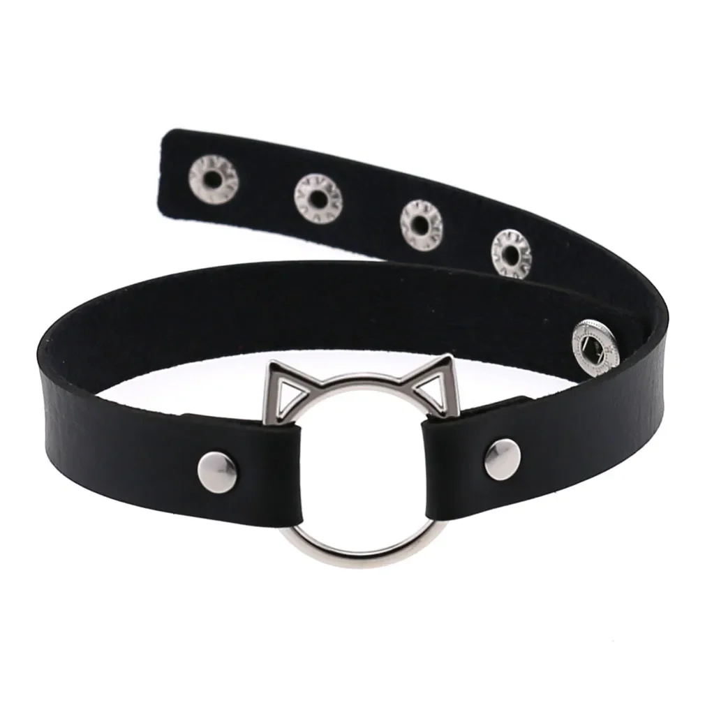 Harajuku Punk Soft girl  Sex appeal  Simple  Fashion  Party  Black  PU  leather  A cat head collar  Neck band   Collarbone chain
