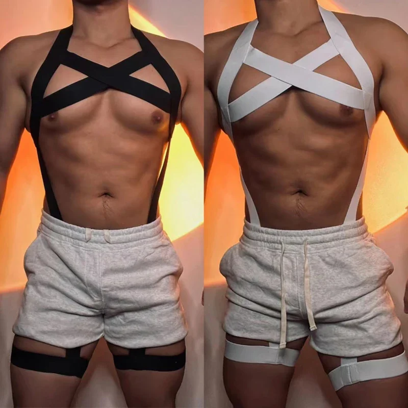 Men Pole Dance Clothing Nightclub Dj Ds Gogo Costume Elastic Bandage White Black Cross Chest Straps Shorts Rave Outfit XS5069