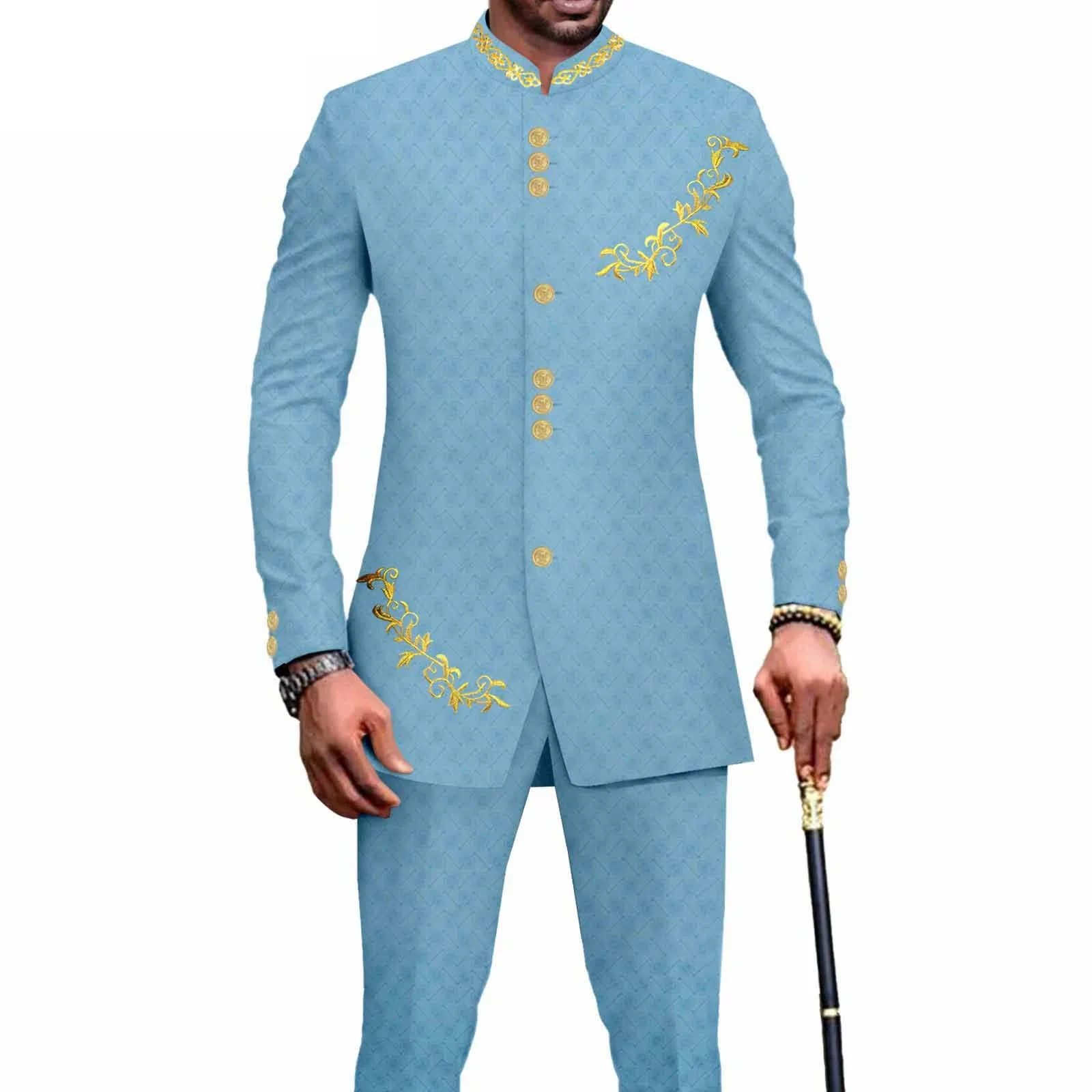African Clothes for Men Suit 2 Piece Set Blazer Embroidery Jacket Pants Dashiki Traditional Wedding Slim Fit Business A2316059