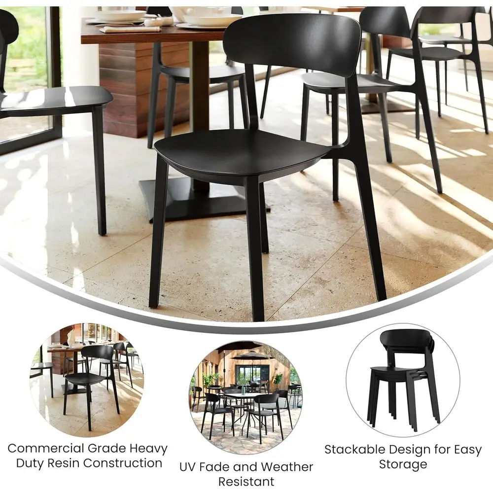 كرسي فناء قابل للتكديس لجميع الأحوال الجوية مع ظهر منحني ومقعد محيطي، مقاوم للأشعة فوق البنفسجية، أسود، للاستخدام الداخلي/الخارجي