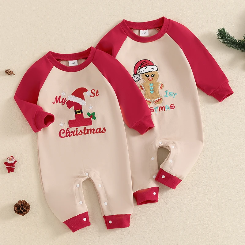 Lioraitiin Toddler Baby Girls Boys Sweatshirts Rompers Christmas Clothes Gingerbread Man Letter Embroidered Long Sleeve Jumsuit